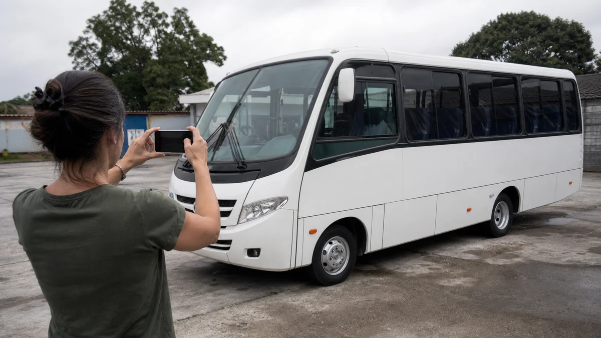 Organizadora fotografando um micro-ônibus branco para criar um anúncio