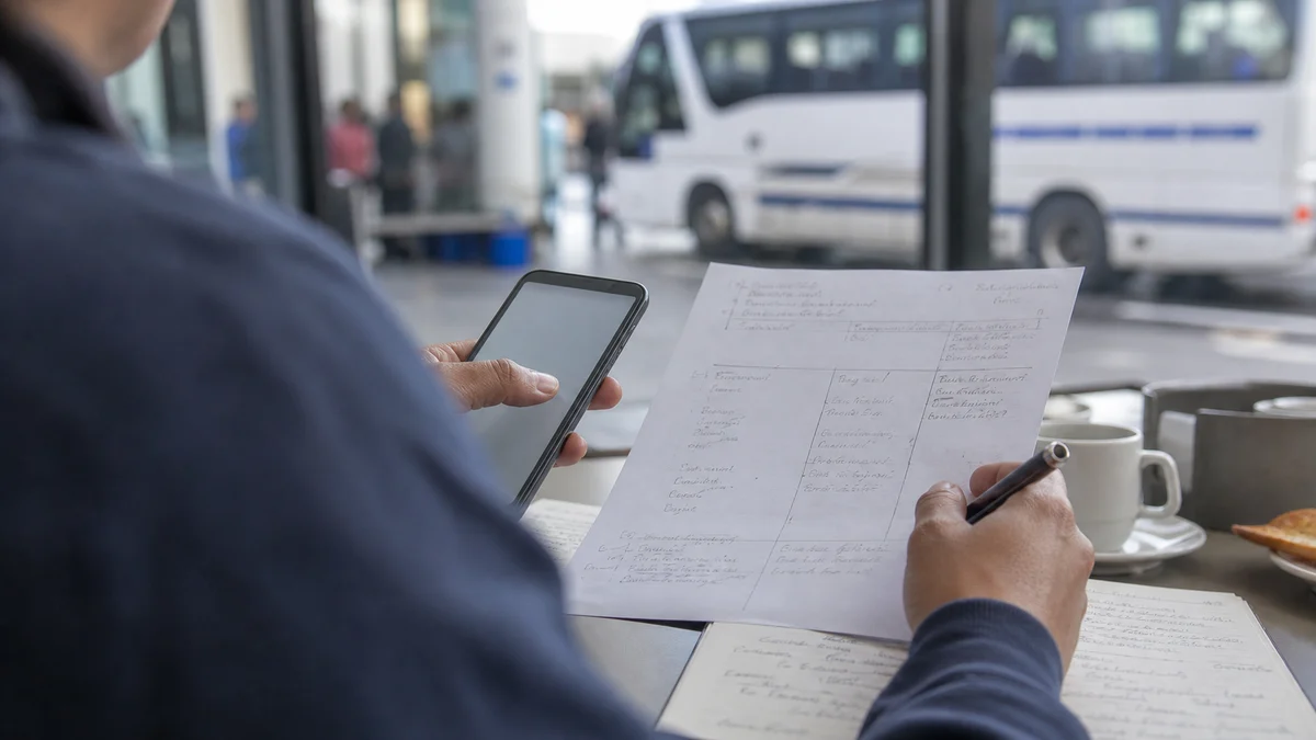 Viajante comparando anotações e celular em um terminal rodoviário