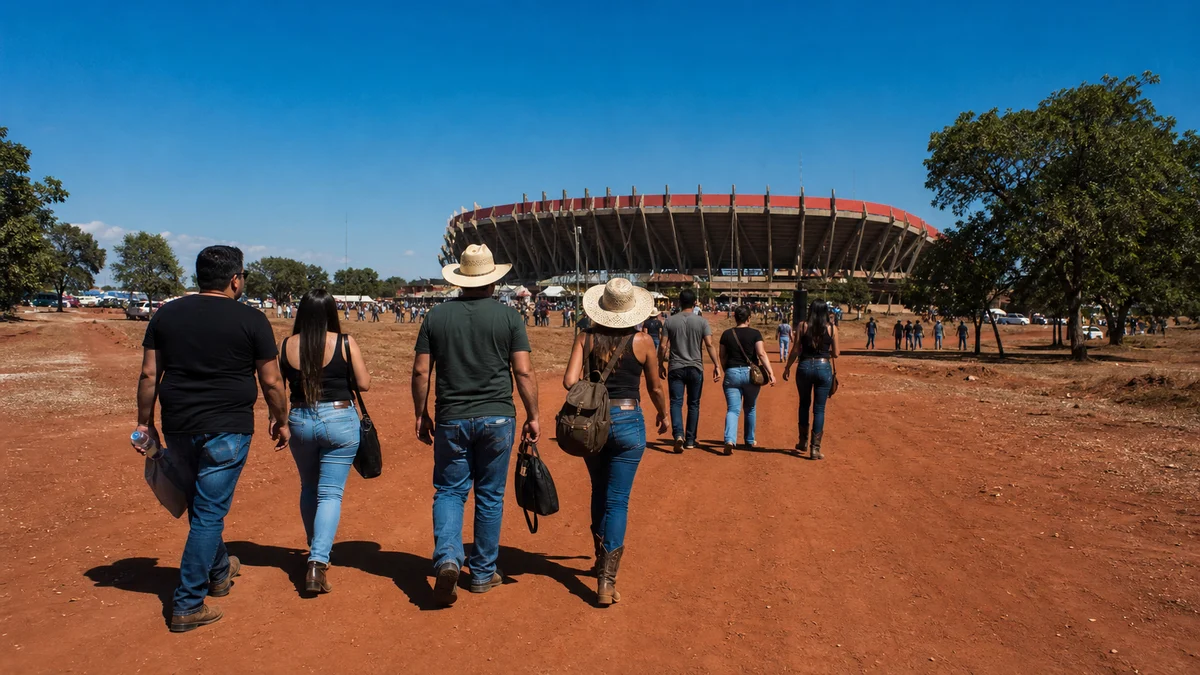 Viajantes caminhando sobre terra vermelha em direção a uma arena no interior